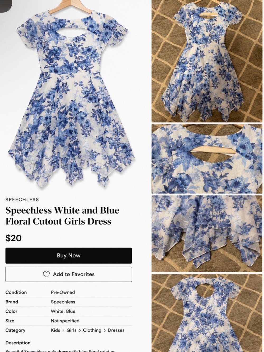 Speechless White and Blue Floral Cutout Girls Dress